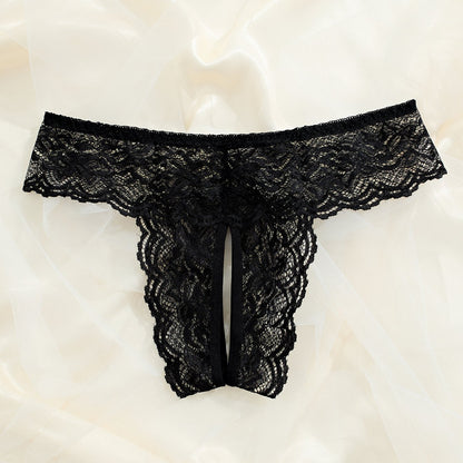 Sexy black lace panties with open crotch, low-rise design, perfect for Valentine’s Day.