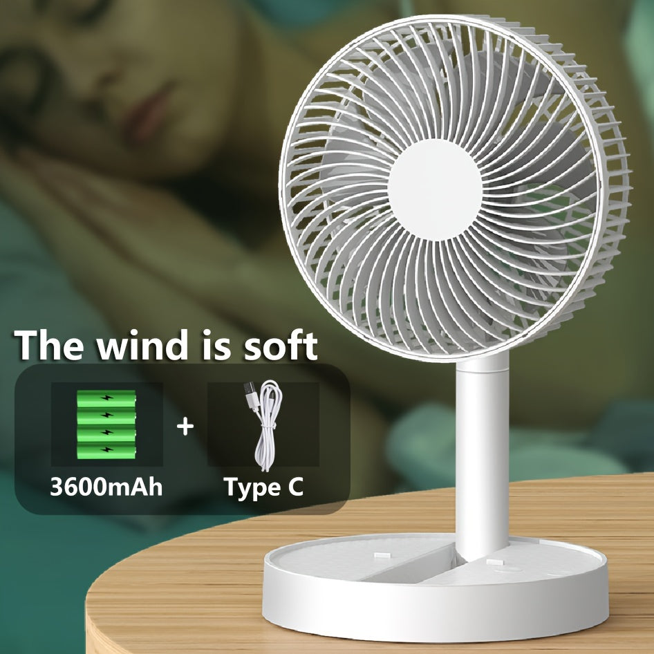 20.32 cm Stand Fan with Folding Portable Telescopic Design, USB Desk Fan with Rechargeable Battery (3600mAh/5400mAh), 4 Speeds, Super Quiet Operation, Adjustable Height and Head, Ideal for Office, Home, Outdoor Camping. (No Plug Included)