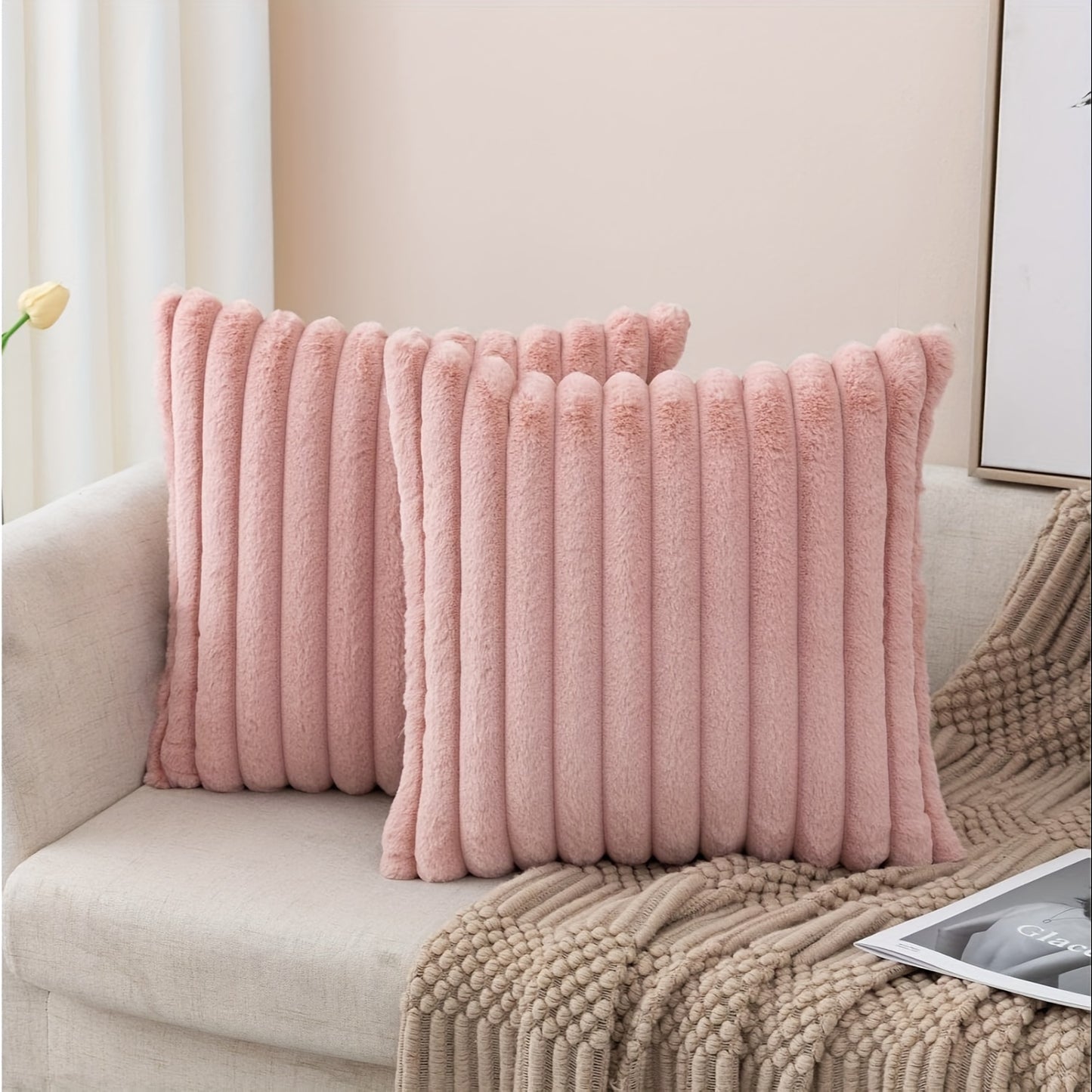 Luxurious faux fur striped pillow covers for sofa or couch - set of 2.