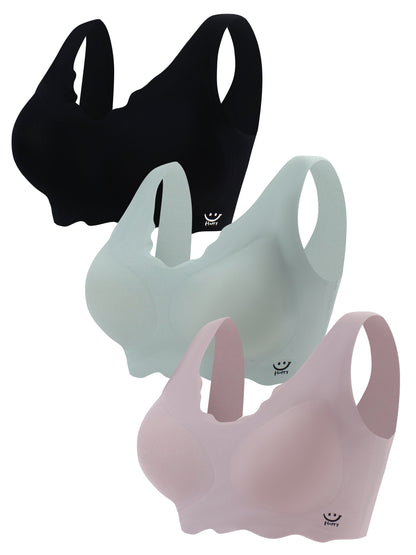 Three seamless wireless bras with a comfortable and breathable smiling face print, ideal for women's lingerie and underwear.