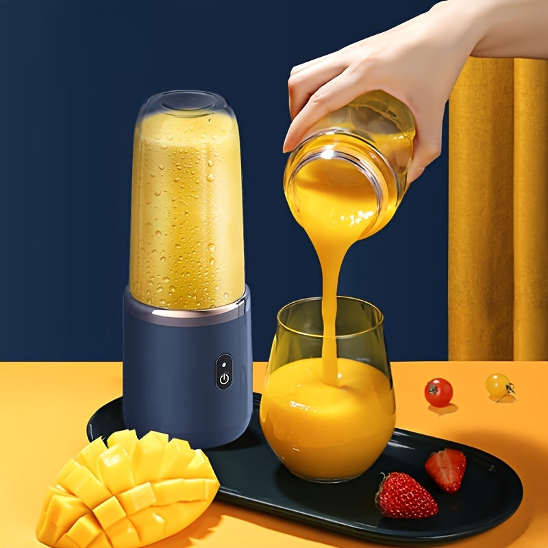 This portable blender is a personal smoothie maker with a travel lid, 2 cups each holding 13.53 ounces. It is a USB rechargeable mini fruit blender with 6 blades, making it suitable for use in the kitchen, at home, and while traveling.