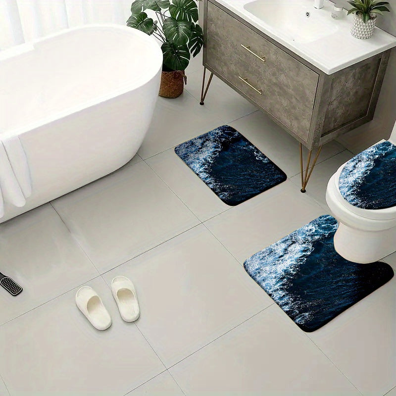 Set of 4 velvet sponge bath mats featuring non-slip designs in leaves, flowers, sea waves, and wooden board patterns. Includes an extended thickened toilet rug, durable non-slip bathroom rug, comfortable U-shaped toilet mat, and toilet cover mat for