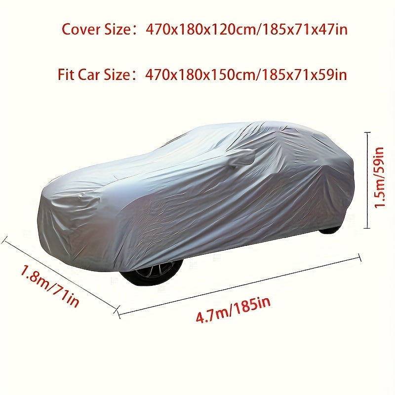 Silver car cover offers UV protection, heat insulation, and waterproofing with a metallic texture for full sunshade and dust cover.