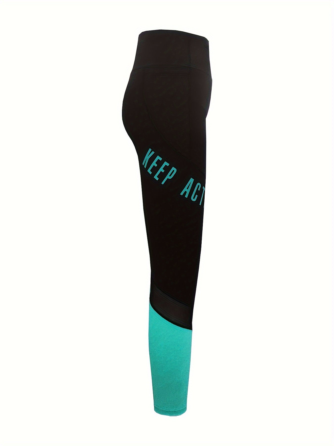 High waisted yoga leggings with pockets and color-block letter print for women's casual sports wear.