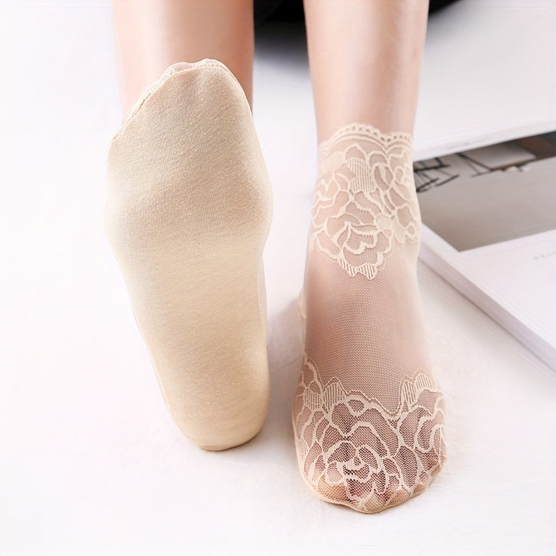 1 Pair/5 Pairs of Fashion Lace Trim Short Socks for Women, Semi-Transparent and Lightweight