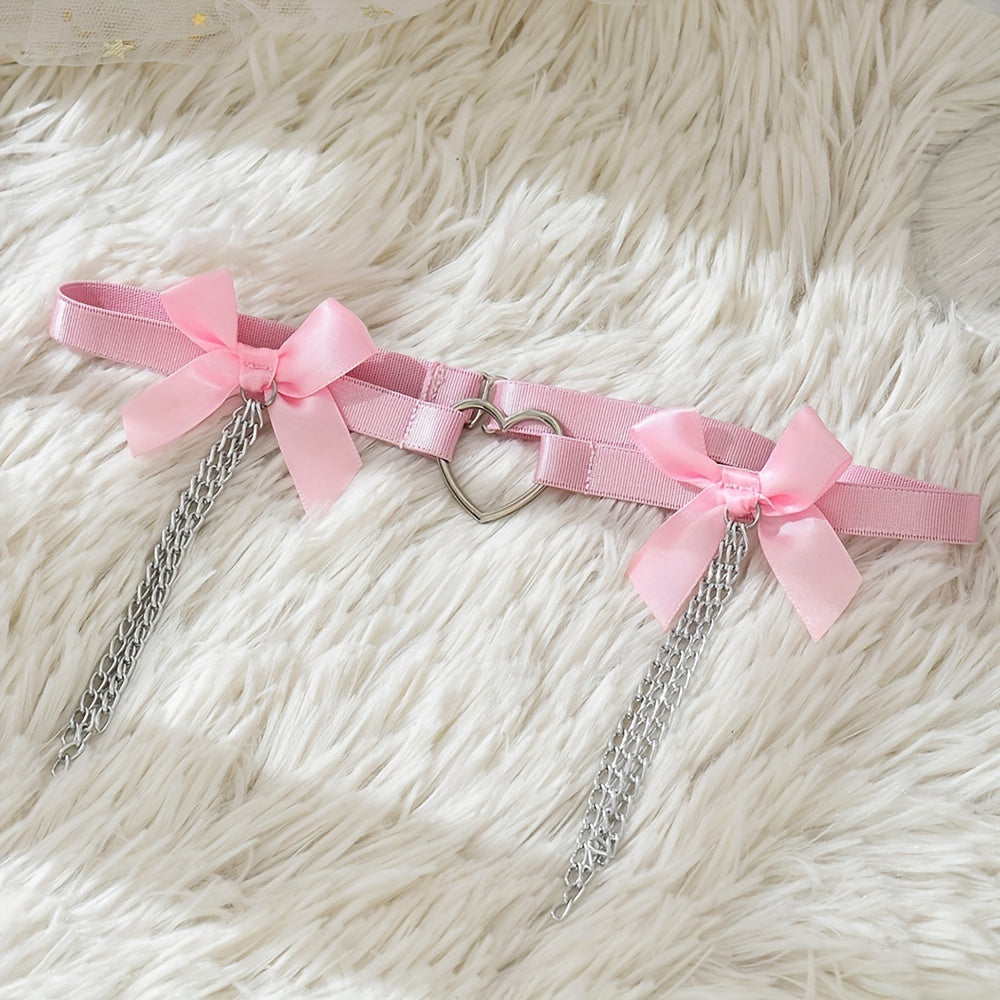 Stylish adjustable leg garter with white bow and heart charm. Perfect for weddings, dance, and costumes.