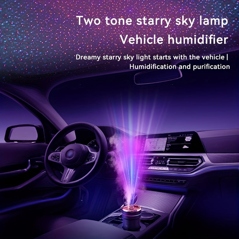 Compact car humidifier and air purifier with starry sky light, USB powered, essential oil compatible, automatic start/stop, for a fresh and moisturized vehicle interior.