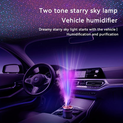 Compact car humidifier and air purifier with starry sky light, USB powered, essential oil compatible, automatic start/stop, for a fresh and moisturized vehicle interior.