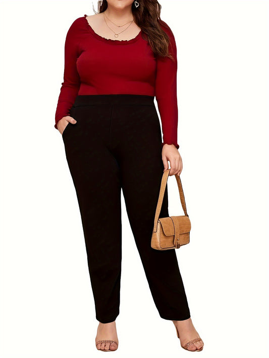 High-waisted, slim-fitting straight-leg pants for plus size, made of polyester with pockets. Ideal for Spring/Fall and machine washable.