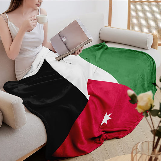 Stay warm and cozy with our 1-piece Jordan Flag flannel blanket. Made from soft and comfortable knitted polyester, this all-season multipurpose throw is perfect for home, office, travel, and even for your furry friends. Easily machine washable with a