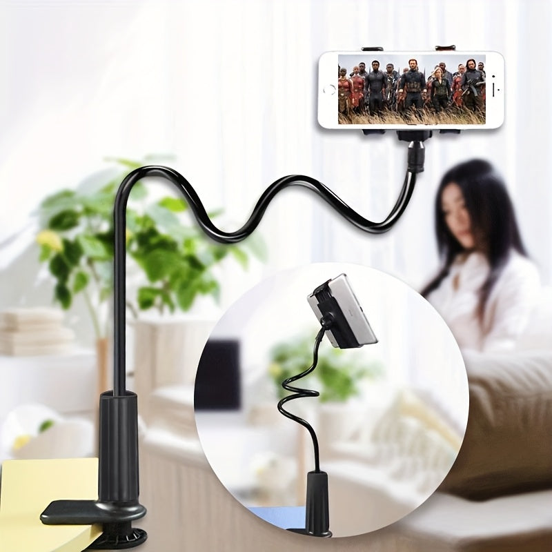 360° rotating phone holder stand with gooseneck, dual clamps, and spiral base. Compatible with smartphones and tablets for bedside and desk use.