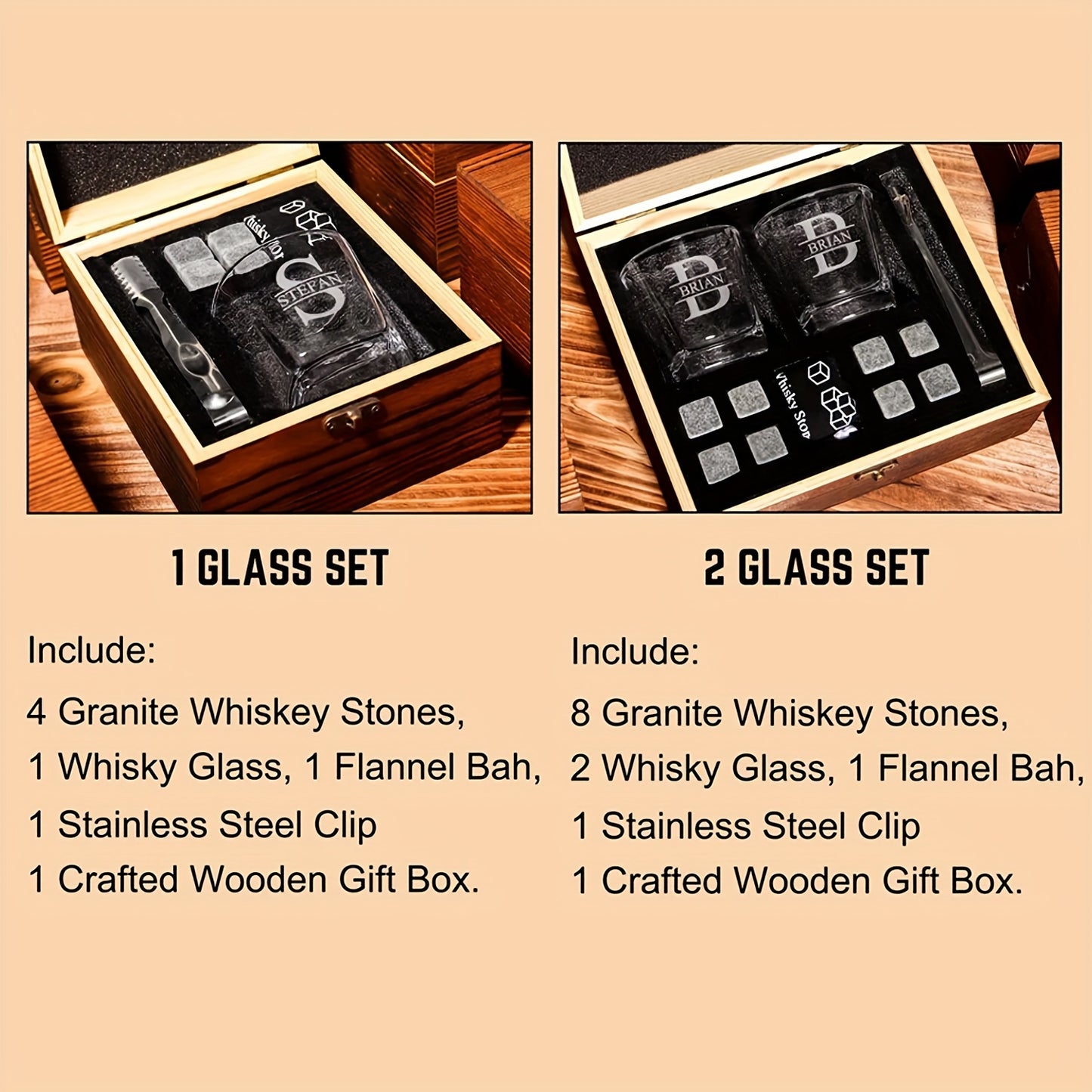 Set of 4 personalized whiskey glasses with wooden box, ideal for gifts such as groomsmen, best man, father, boyfriend, or bachelor party.