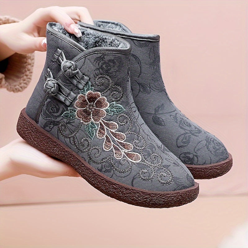 Women's Winter Warm Fleece-Lined Ankle Boots with Chinese Style, Round Toe, Buckle Closure, Floral Pattern, Fabric Upper, Faux Sole/Insole.