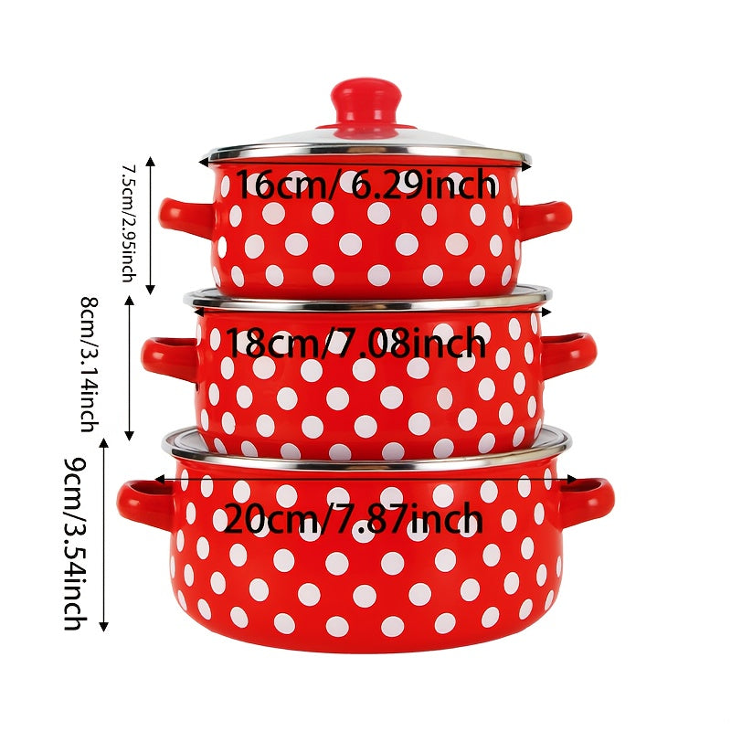 Stylish Red and White Enamel Cookware Set with Polka Dot Design - Ideal for Cooking and Dining Area