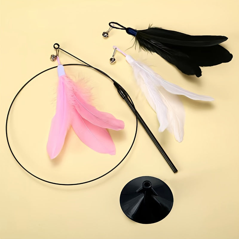 Feather cat teaser stick toy with bell, suction cup for interactive play.