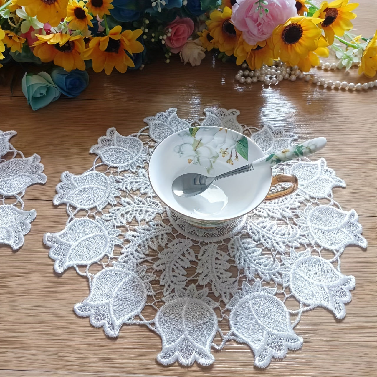 Elegant European lace coaster set for table protection.