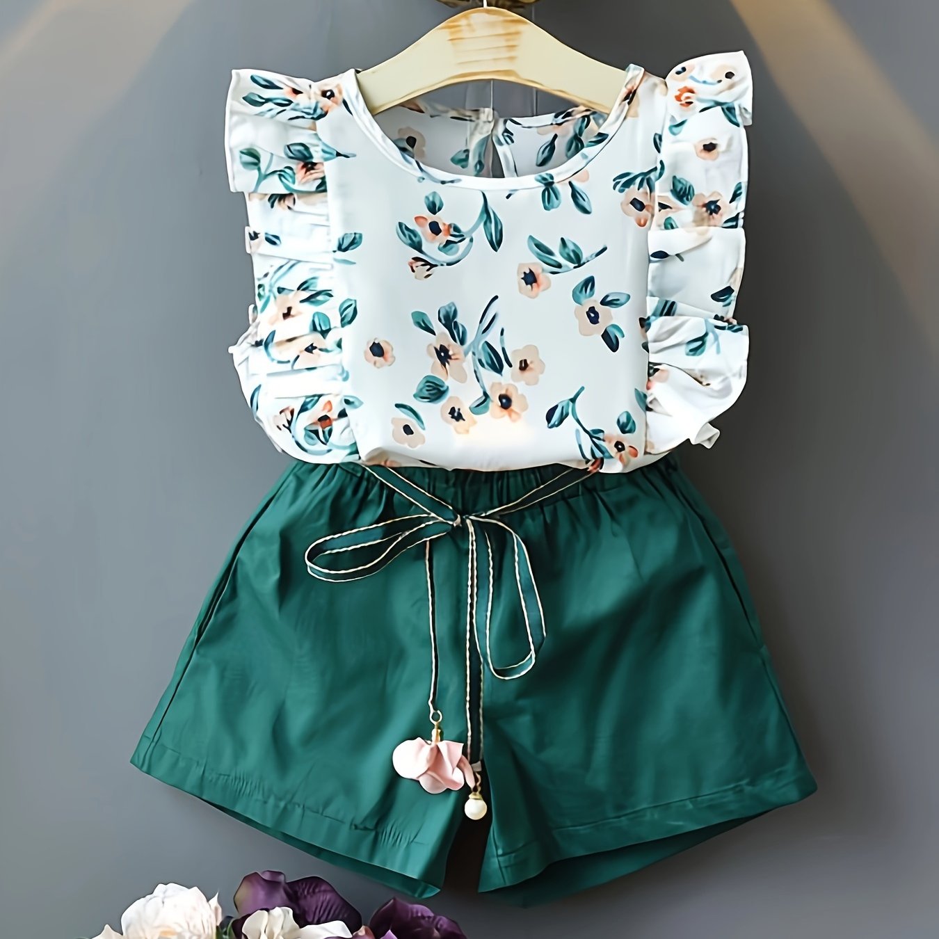 Summer Girls Floral Chiffon Top and Shorts Set with Belt