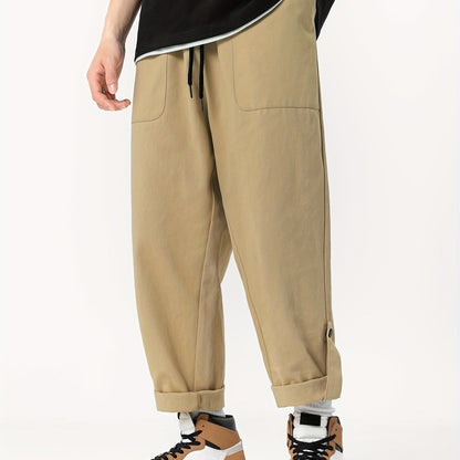 Men's 100% Cotton Loose Cropped Pants with Pockets for Outdoor Activities