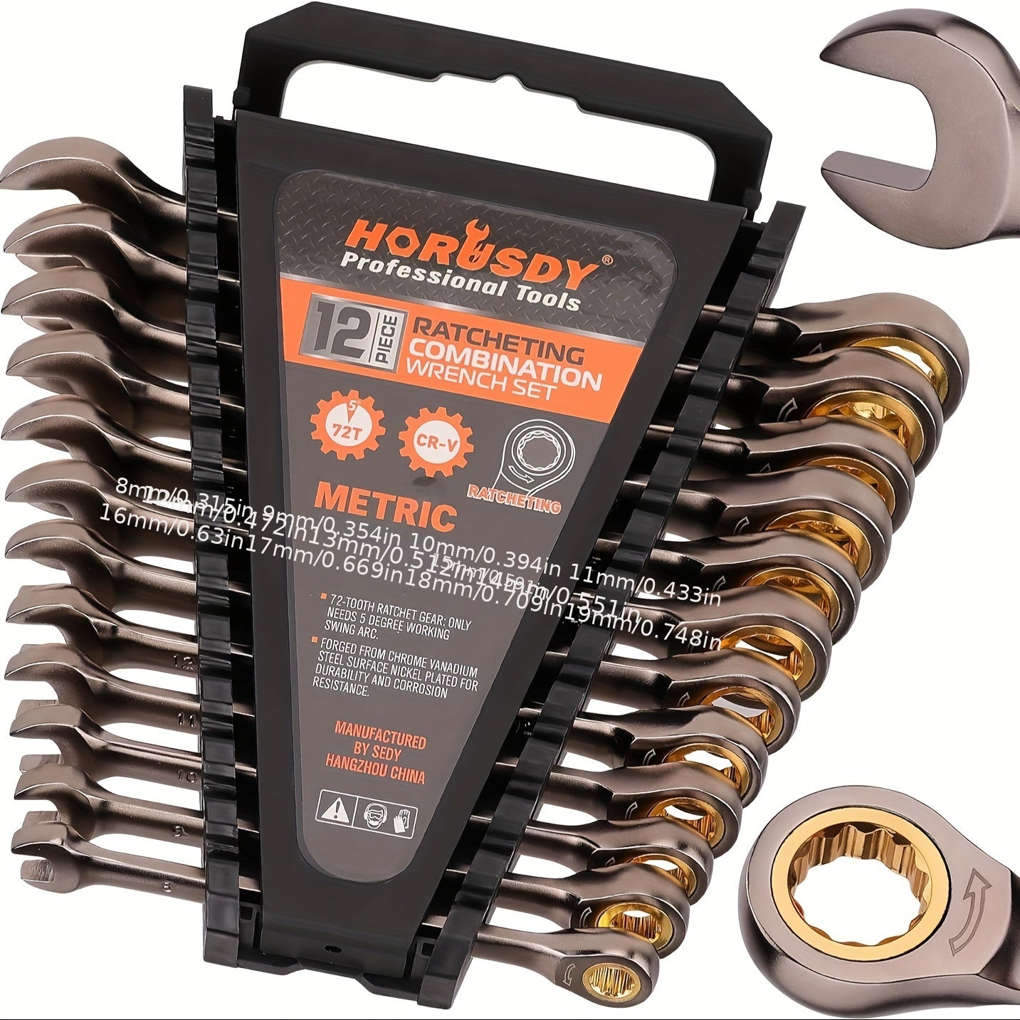 HORUSDY 12pcs Metric Ratchet Wrench Set, 8-19mm - Chrome Vanadium Steel, Rust & Fade Resistant with Case.