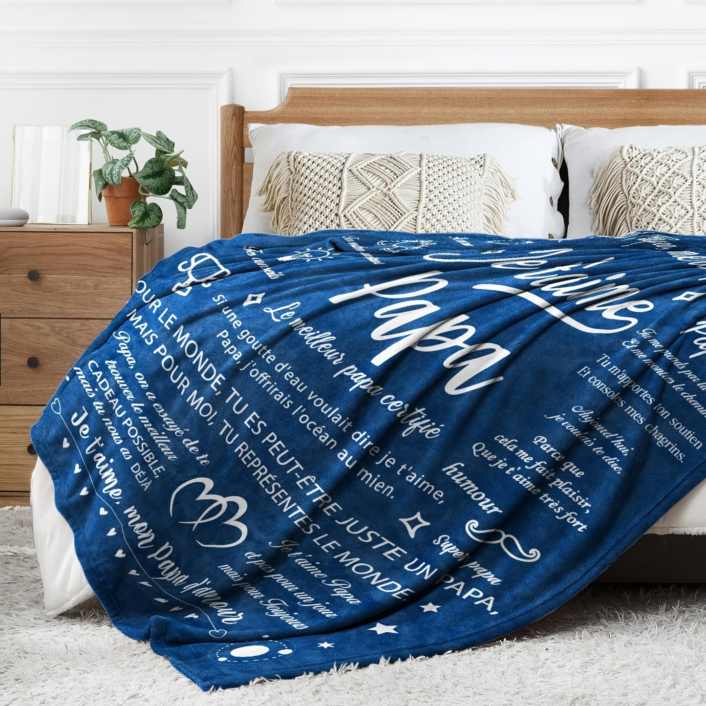 Soft and cozy Contemporary French Letter Print Flannel Throw Blanket is hypoallergenic, machine washable, tear-resistant, and multipurpose. Perfect for couch, bed, camping, and travel, this blanket is an ideal gift for Dad for all seasons. Includes 1