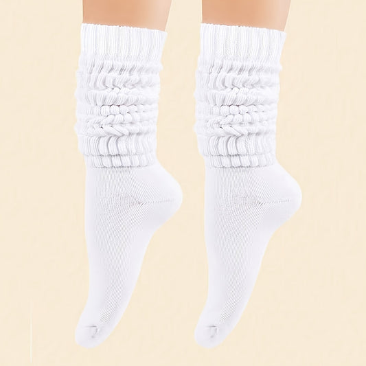 Three pairs of women's mid-calf socks in black, white, and gray solid colors, perfect for spring and autumn fashion, featuring a simple and versatile design.