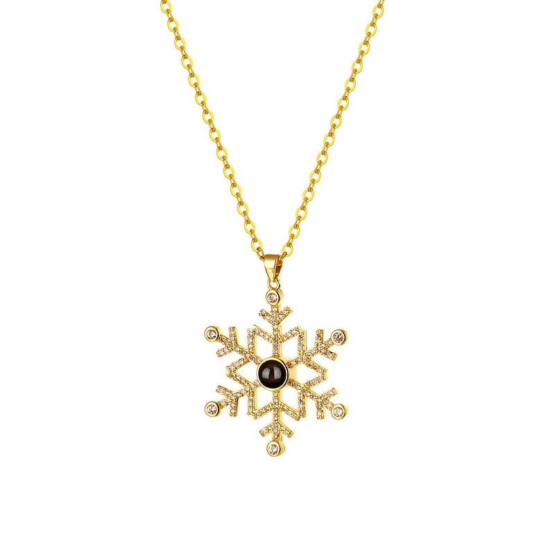 Elegant Snowflake Design 18K Golden Plated Stainless Steel Photo Pendant Necklace, Personalized Christmas Ornament, Perfect for Any Occasion and Gift-Giving