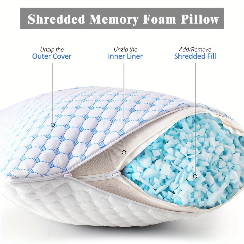 Adjustable Cooling Memory Foam Pillow with Ice Silk & Bamboo Fiber, Washable Cover, Quilted Design - Ideal for All Sleep Styles, Allergy-Friendly, Blue & White Color Cooling Pillow