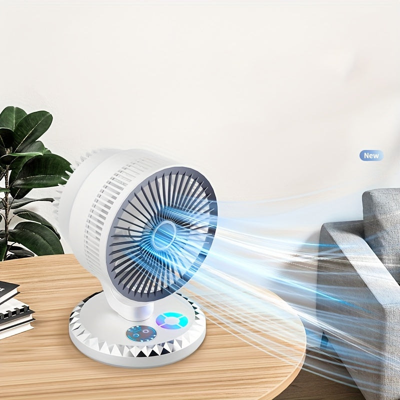 Portable USB desktop fan that is energy-efficient and stylish. Easy to carry and ultra-quiet with a timer. Adjustable angle for optimal airflow. Perfect for home, office, library, bedroom, or outdoor travel. Made of durable plastic material.