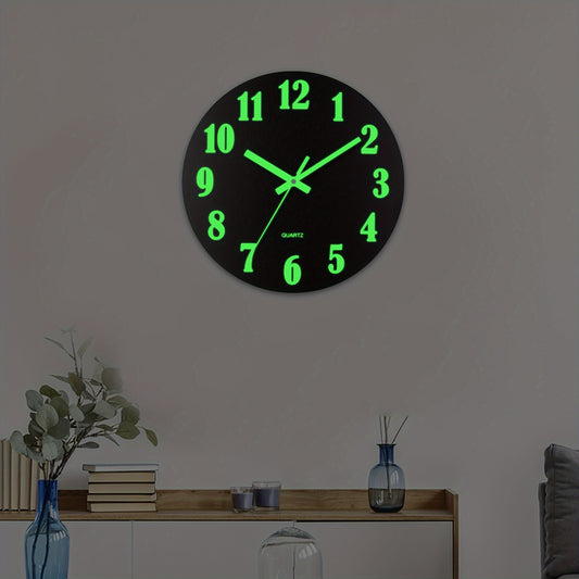 Black glow-in-the-dark wall clock with retro design and silent non-ticking mechanism. Features wooden frame, luminous green numbers for day and night display. Ideal for living room, bedroom, kitchen, or office decor. Batteries not included.