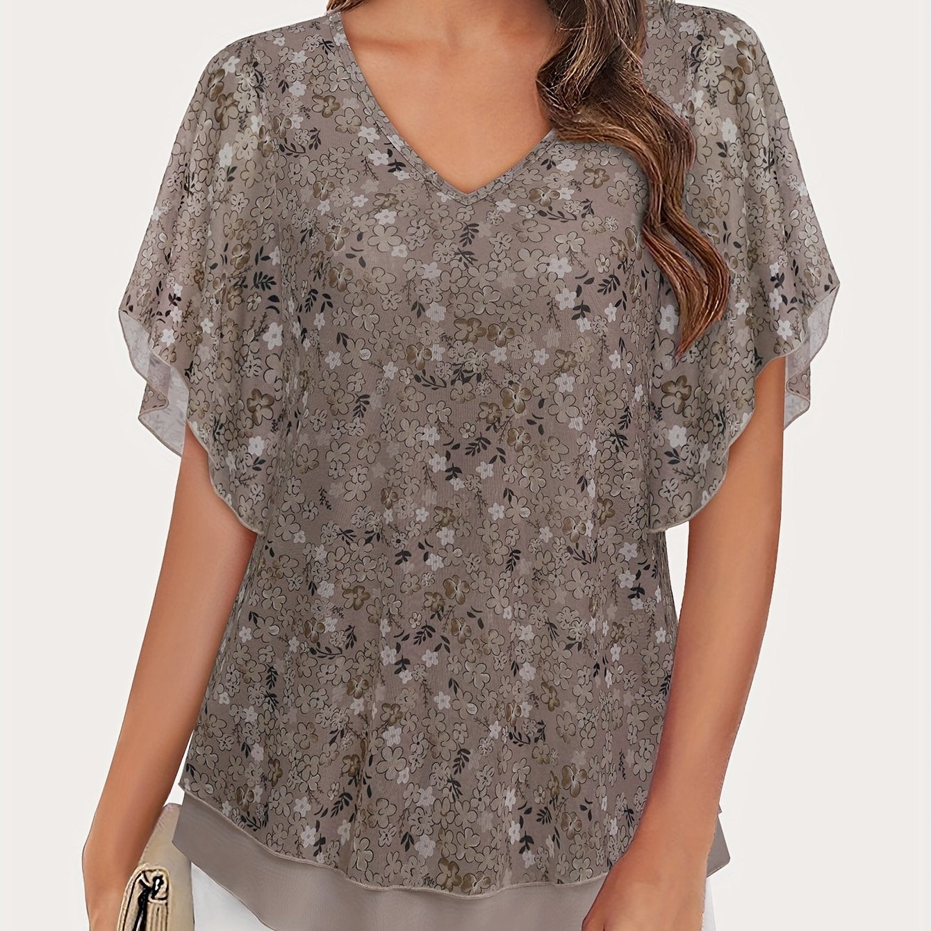 Women's Double Layer Mesh Blouses - Short Sleeve V Neck Tunic Tops