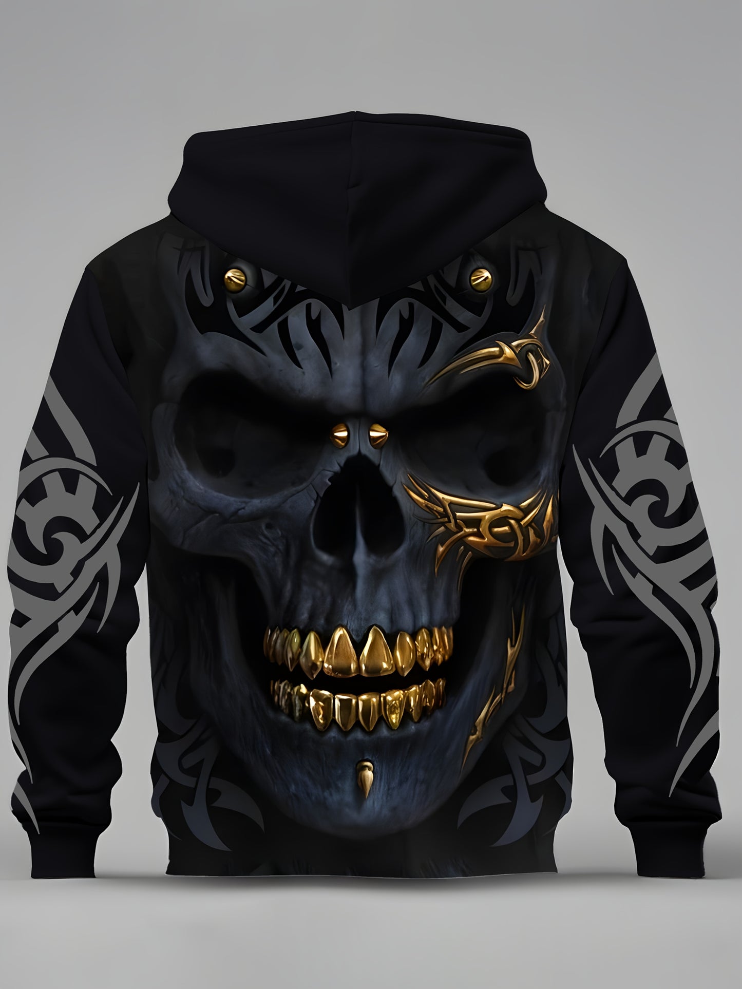 Men's casual hoodie with zipper pocket, featuring a 3D skull print and stretchy polyester knit fabric.