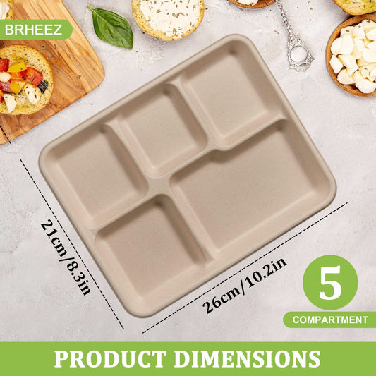 EcoChoice offers a 50-Pack of Compostable Dinner Plates with 5 Compartments, made from Biodegradable Sugarcane Fiber. These Rectangular Trays are perfect for Parties, Picnics, BBQs, and Kitchen Supplies.