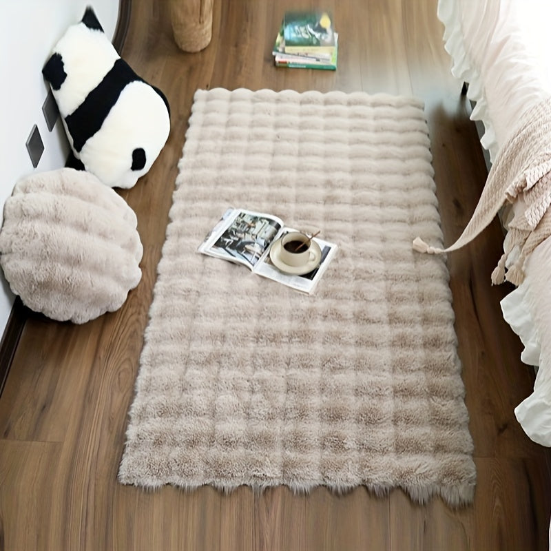 High-Quality Soft Fluffy Bubble Velvet Carpet, Ideal for Bedroom, Living Room, Cloakroom, Powder Room, and Other Areas. This Artificial Rabbit Fur Area Carpet is Solid Color for a Luxurious Look. Featuring Anti-Slip, Waterproof, and Stain-Resistant