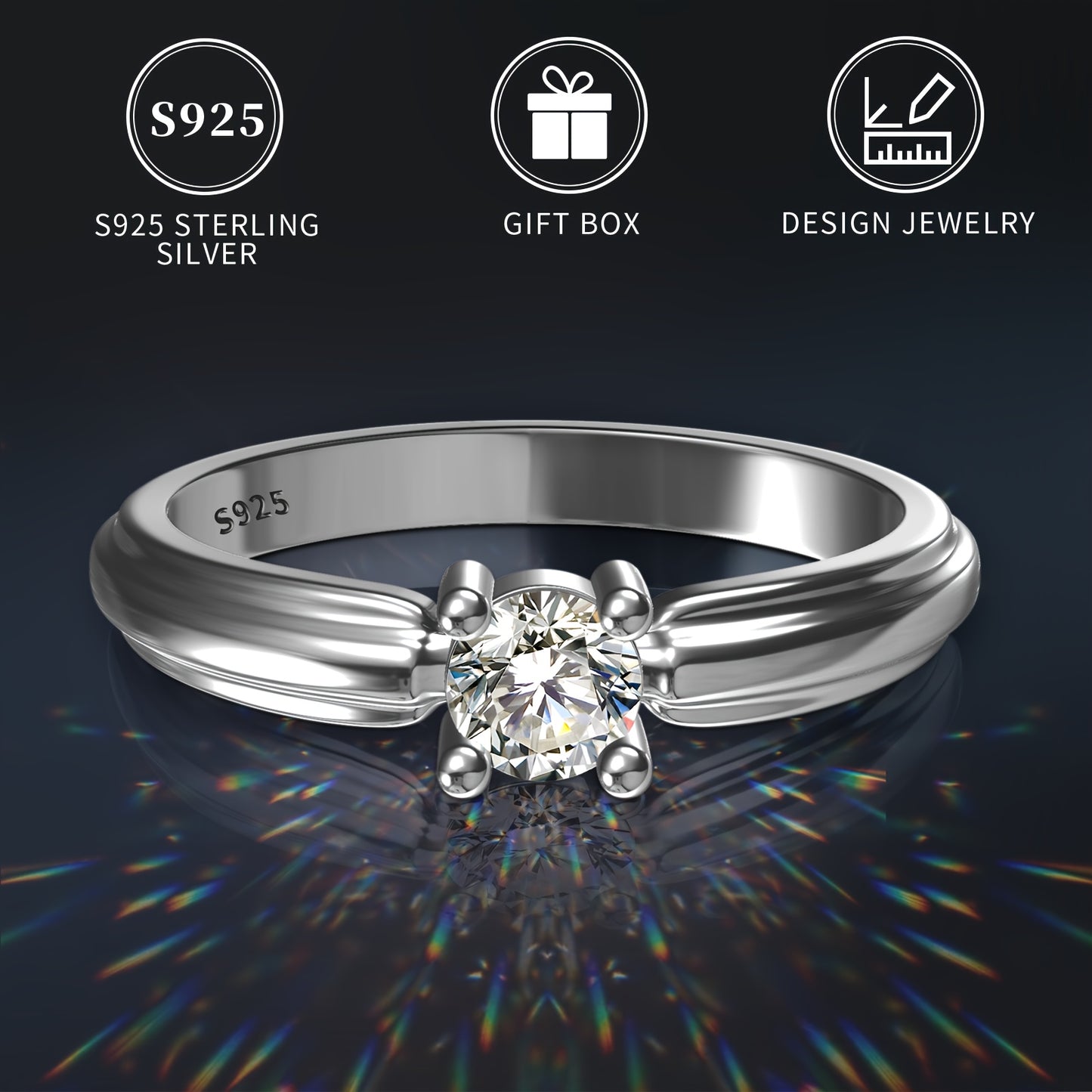 S925 sterling silver ring with synthetic diamond zirconia. Classic and simple design for everyday wear or special occasions. Comes in a high-quality gift box.