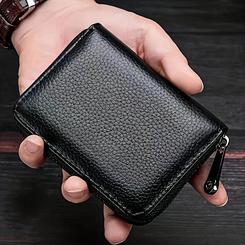 Stylish black faux leather wallet for men, featuring secure zipper coin purse and transparent card compartments. Perfect for everyday use.