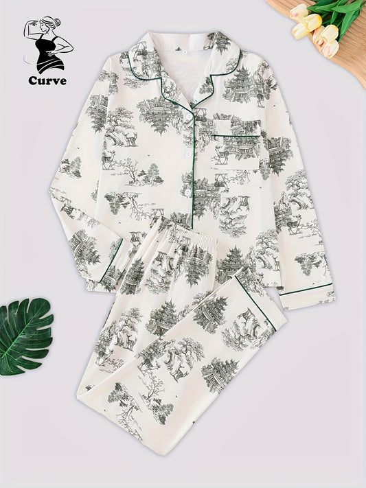 Elegant plus size women's pajama set with ink painting design, includes long sleeve button-up top and cozy pants, machine washable.