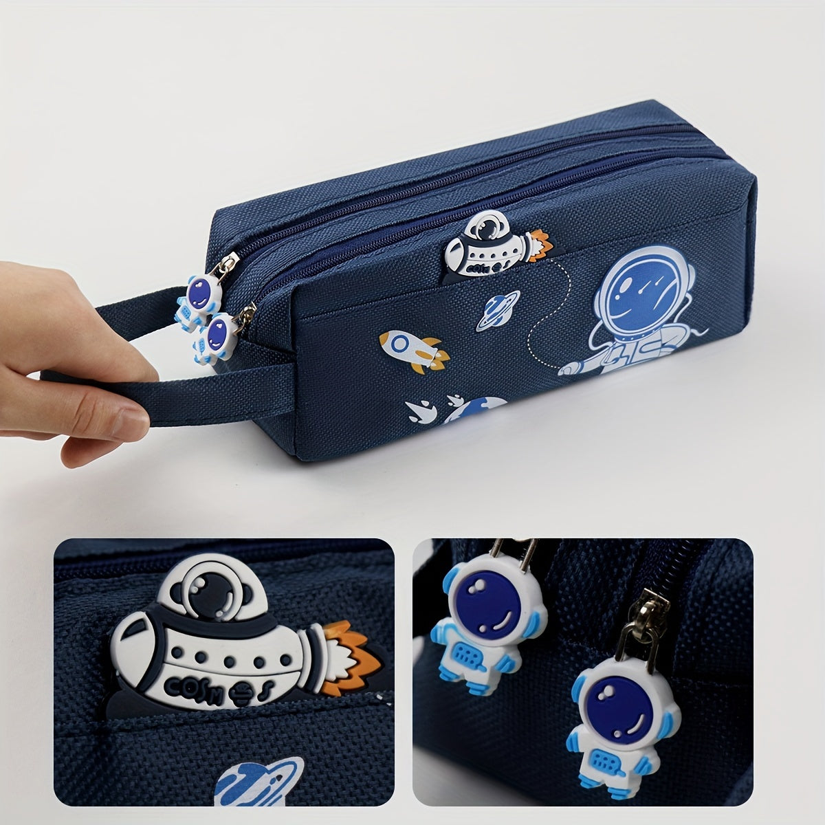 Space astronaut pencil case with cartoon animal design, double-layer canvas storage bag for school supplies.