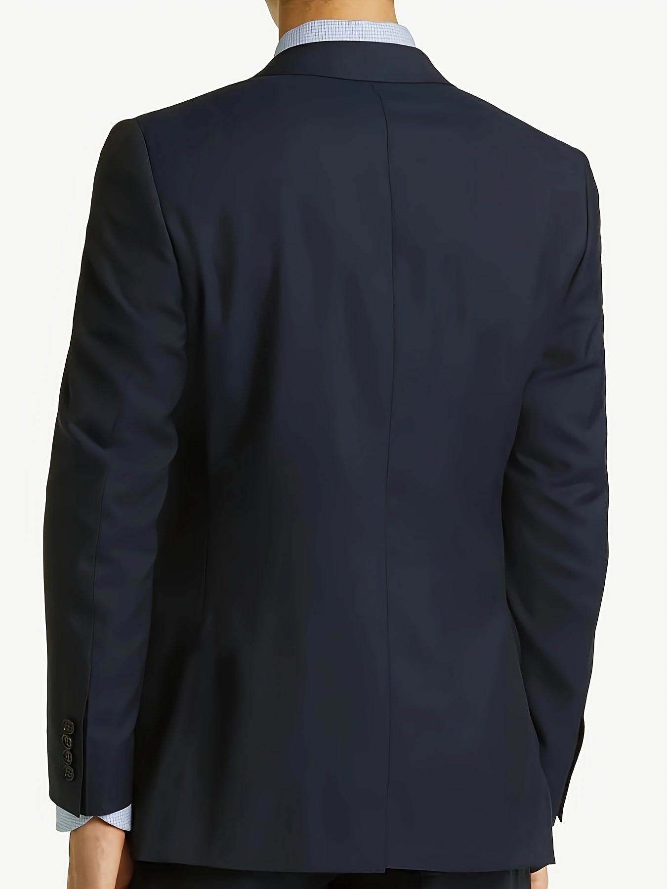 Plus size navy blue suit jacket for casual or professional wear, relaxed fit with flat lapel.