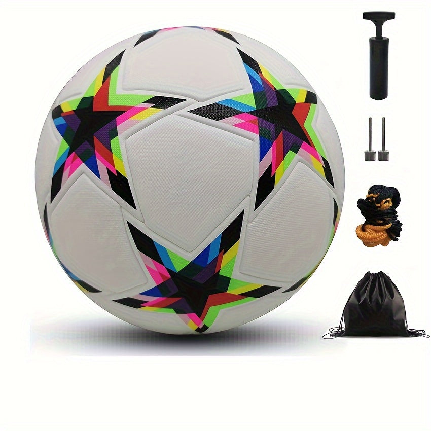 Size 5 faux leather soccer ball with seamless, thermal-bonded black and white design. Includes inflation pump, net, and accessories. Suitable for official matches and training. High-quality