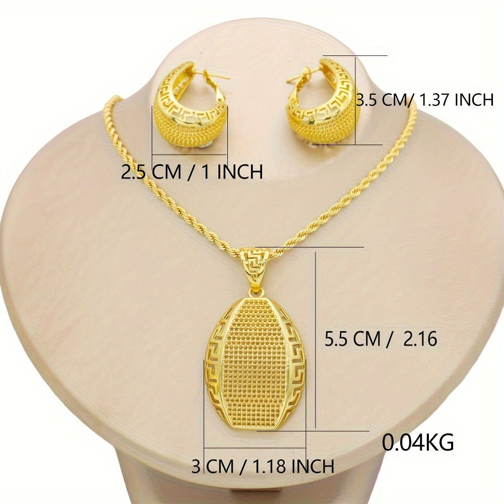 Stunning Jewelry Set with 18K Gold Plating in Middle Eastern Style, Featuring Women's Fashion Earrings and Pendant Necklace in Classic Copper. Ideal for Daily Wear, Weddings, Thanksgiving, and as an All-Season Accessory.