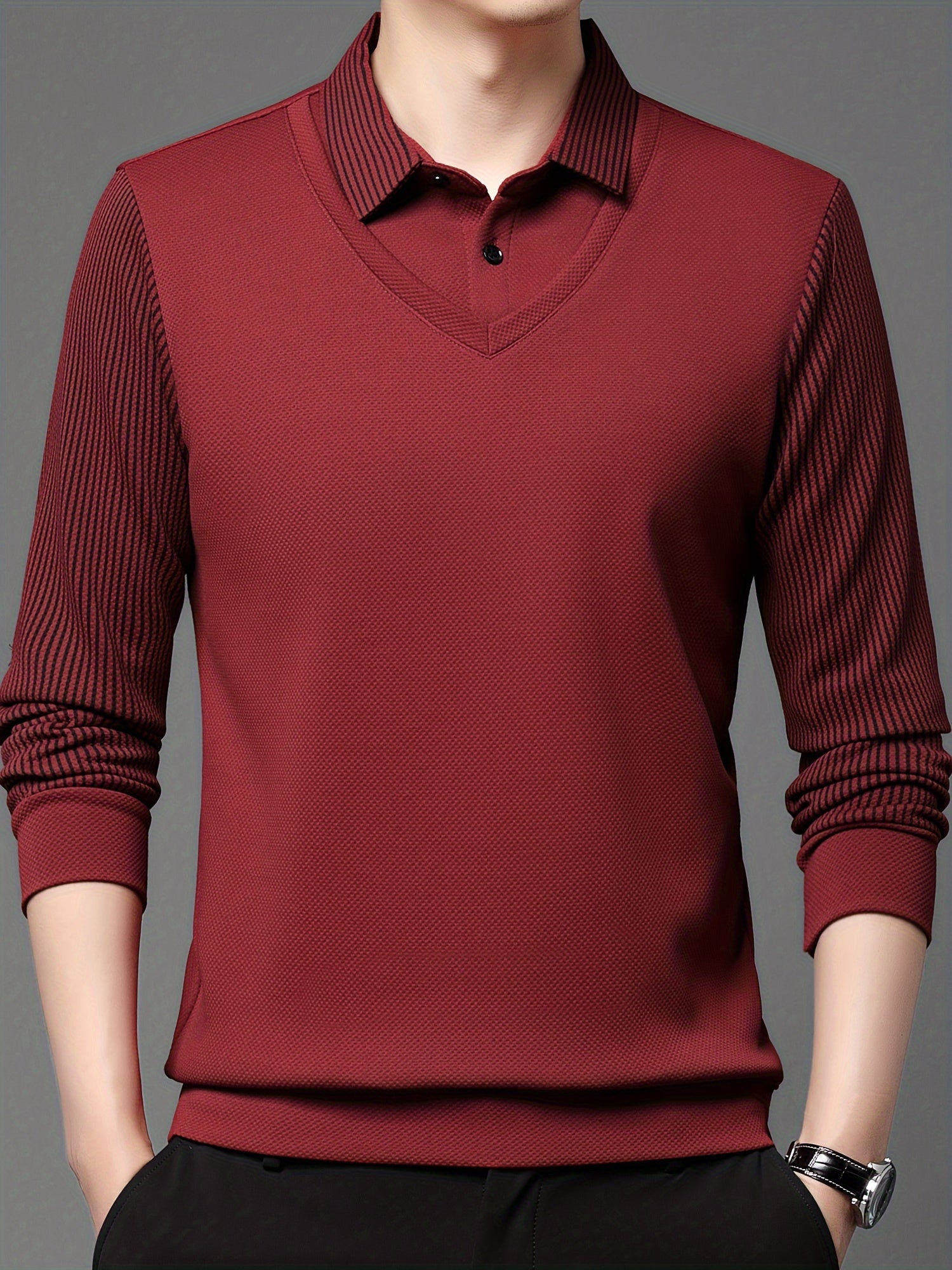 Men's casual long sleeve polo shirt made of polyester and spandex blend with lapel collar, slight stretch striped fabric, and regular fit knit half-placket pullover for spring/fall.