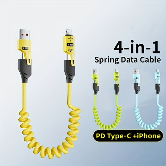 65W USB-C retractable cable for fast charging and data sync, multi-port with indicator light. Compatible with multiple phone brands.