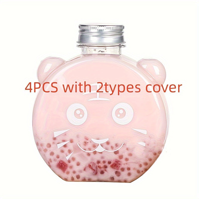 1 piece or 4 pieces of 500ml Milk Tea Juice Bottles Beverage PET Water Bottle featuring Bear and Tiger designs. These disposable takeaway coffee bottles come with lids.