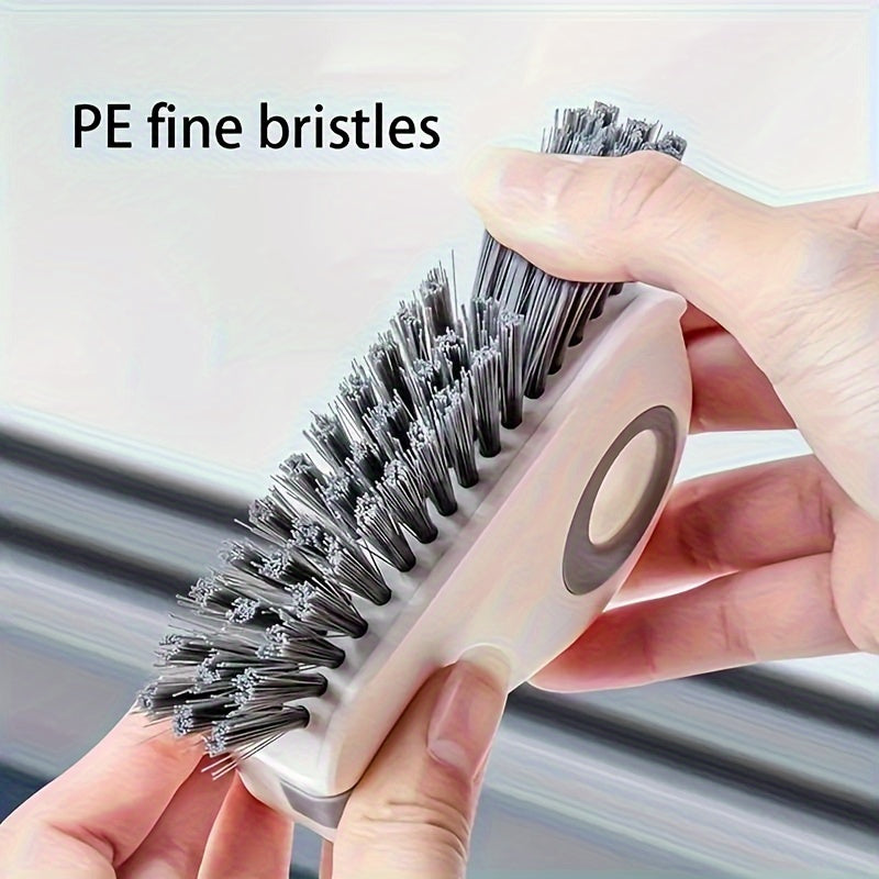 Soft bristle 2-in-1 brush for window tracks and grout cleaning, perfect for sliding door tracks, sills, and seals. This reusable manual household cleaning tool is made of durable plastic and requires no electricity. Ideal for use in the living room and