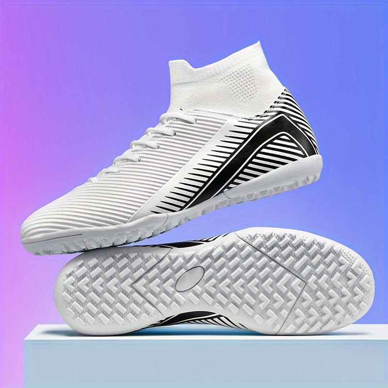 Men's soccer shoes with stripe pattern, lace-up cleats, non-slip rubber sole, durable PU upper, and TF studs for indoor and outdoor use, suitable for both youth and adults.