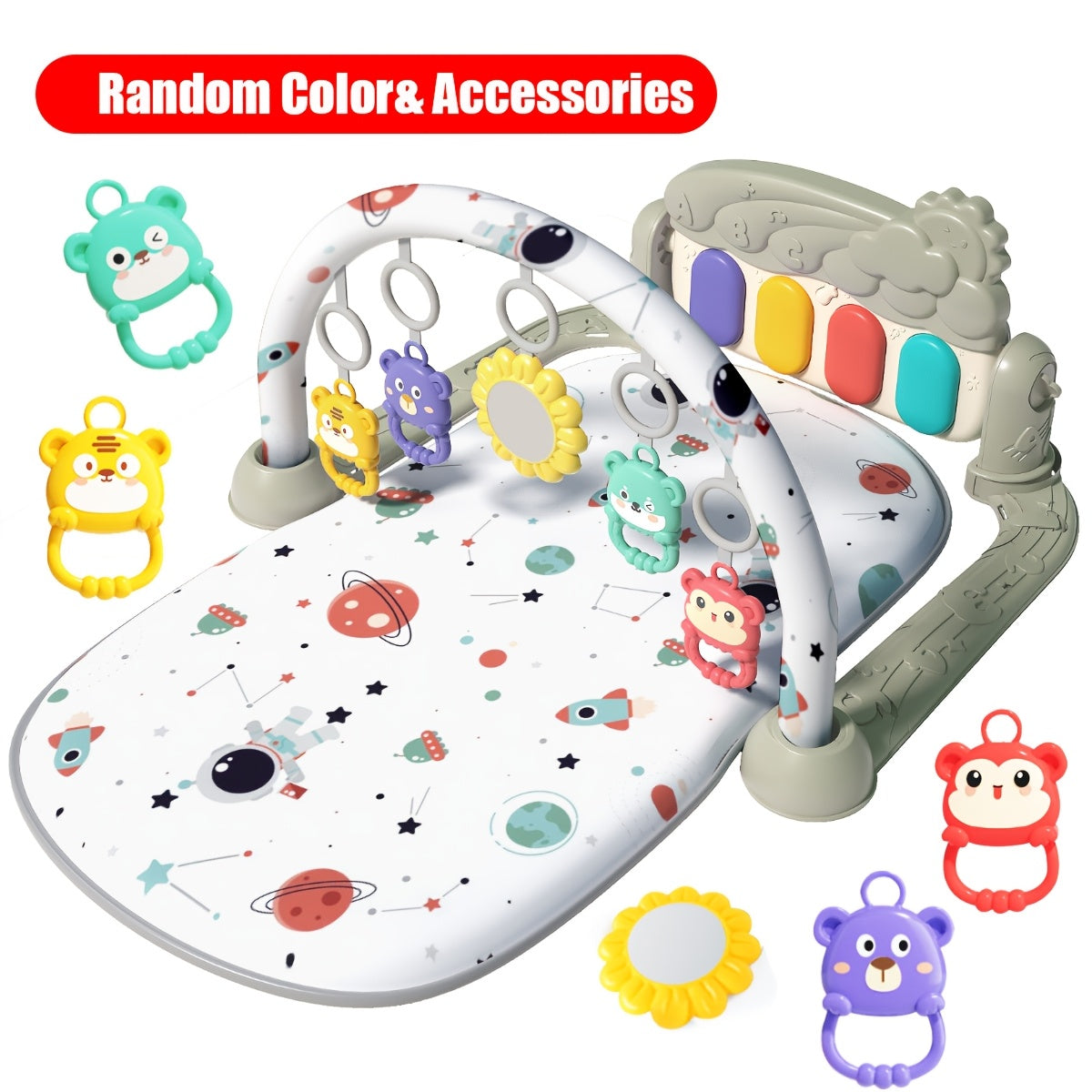 Musical baby gym play mat with piano and hanging toys, perfect for newborns. Features interactive lights and sounds, ideal gift for holidays. Assembly required. Made of polyester fiber.