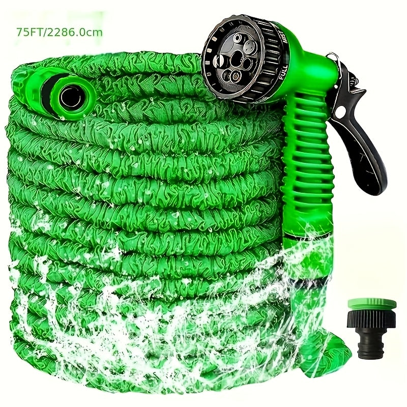 Flexible green garden hose set with high-pressure nozzle and connector for various outdoor uses such as watering, car wash, and pet cleaning. Available in lengths of 22.86m, 30.48m, and