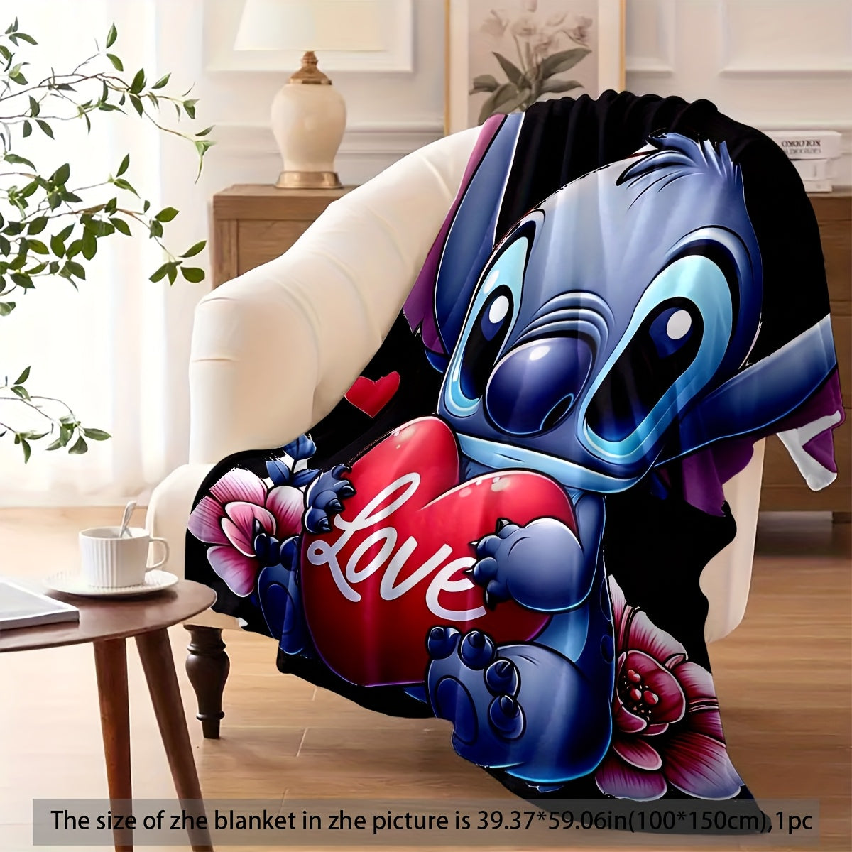 This Flannel Throw Blanket features a cute Stitch Cartoon Love Heart design, making it a perfect addition to any room. It is made of soft and cozy all-season multipurpose digital print fleece, crafted from 100% polyester and weighing 200-250g. The