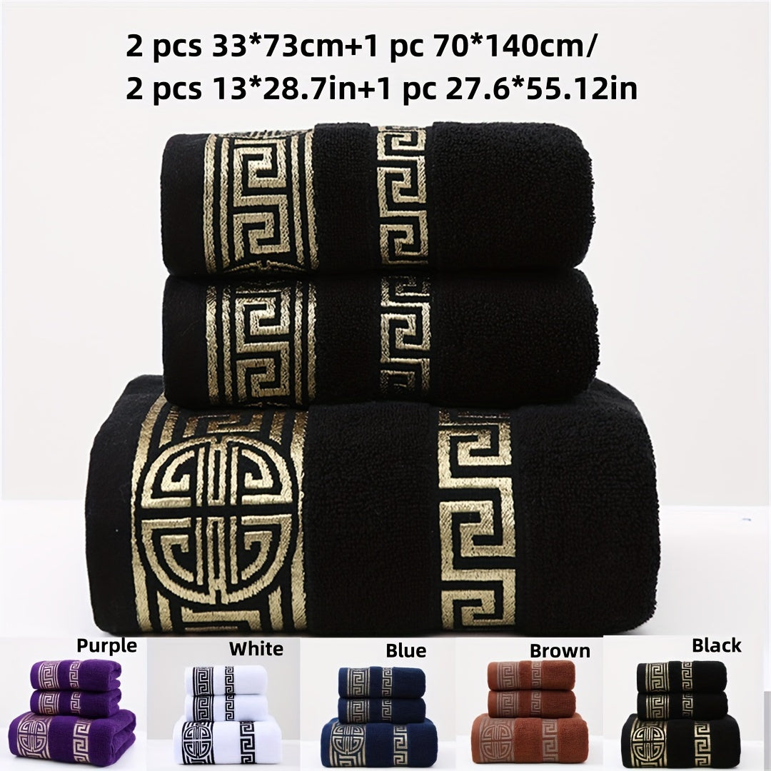 Velvet towel set includes 1 bath towel and 2 hand towels in gsm450, Regular thickness, Pure cotton with geometric pattern. High absorbency and softness in dark colors including black, purple, blue, coffee, and white. Suitable for bathroom, travel