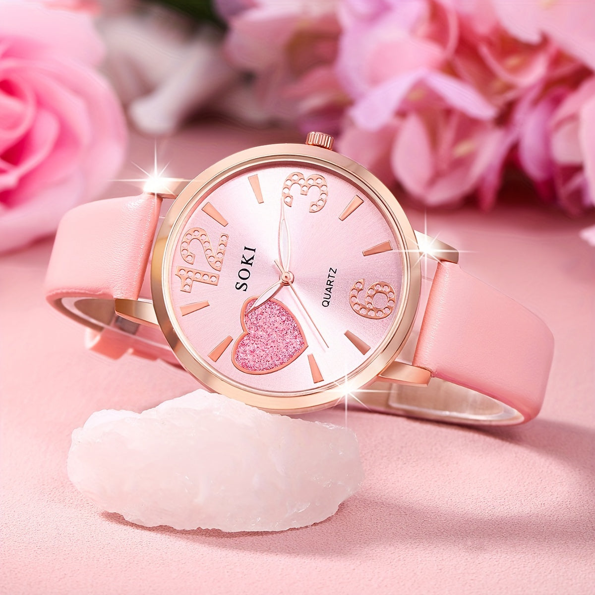 1pc Ladies Fashion Casual Round Digital Quartz Faux Leather Wrist Watch with 4pcs Heart Jewelry Set for Women